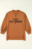 Chestnut Sequin Happy Halloween Graphic Notched Neck Long Sleeve Loose Top