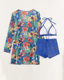 Halter Textured Bikini Top & Shorts Set With Floral Tropical Print Coat