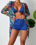 Halter Textured Bikini Top & Shorts Set With Floral Tropical Print Coat