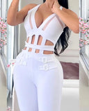 Hollow Out Halter Buckled Contrast Mesh Jumpsuit