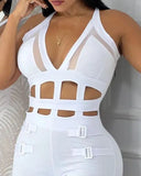 Hollow Out Halter Buckled Contrast Mesh Jumpsuit