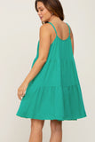 Sea Green Textured Buttoned Thin Strap Tiered Loose Fit Mini Dress