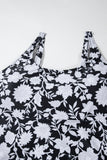 Black Plus Size Printed Square Neck Drawstring Ruffled Tankini Set