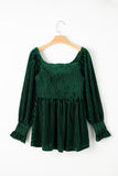 Blackish Green Smocked Ribbed Velvet Babydoll Top