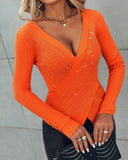 Rhinestone Decor Criss Cross Knit Sweater