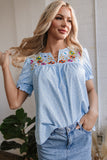 Sky Blue Floral Embroidered Puff Sleeve Notched V Neck Blouse