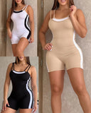 Double Spaghetti Strap Detail Colorblock Romper Slim Fit Short Overall