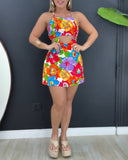 Floral Print Halter Sleeveless Backless Jumpsuit Casual Cutout Tied Detail Romper