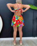 Floral Print Halter Sleeveless Backless Jumpsuit Casual Cutout Tied Detail Romper