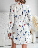 Floral Print Turn down Collar Turn Up Sleeves Shirred Back Dress Casual Button Down Cinched Waist Curved Hem Shirt Dress