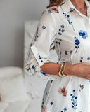 Floral Print Turn down Collar Turn Up Sleeves Shirred Back Dress Casual Button Down Cinched Waist Curved Hem Shirt Dress