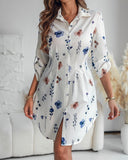 Floral Print Turn down Collar Turn Up Sleeves Shirred Back Dress Casual Button Down Cinched Waist Curved Hem Shirt Dress