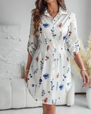 Floral Print Turn down Collar Turn Up Sleeves Shirred Back Dress Casual Button Down Cinched Waist Curved Hem Shirt Dress