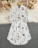 Floral Print Turn down Collar Turn Up Sleeves Shirred Back Dress Casual Button Down Cinched Waist Curved Hem Shirt Dress