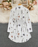 Floral Print Turn down Collar Turn Up Sleeves Shirred Back Dress Casual Button Down Cinched Waist Curved Hem Shirt Dress