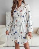 Floral Print Turn down Collar Turn Up Sleeves Shirred Back Dress Casual Button Down Cinched Waist Curved Hem Shirt Dress