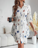 Floral Print Turn down Collar Turn Up Sleeves Shirred Back Dress Casual Button Down Cinched Waist Curved Hem Shirt Dress