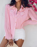 Stand Collar Lantern Sleeve Beaded Lace Frill Hem Ruched Blouse Elegant Top