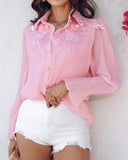 Stand Collar Lantern Sleeve Beaded Lace Frill Hem Ruched Blouse Elegant Top