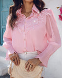 Stand Collar Lantern Sleeve Beaded Lace Frill Hem Ruched Blouse Elegant Top