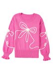 Bright Pink Corded Flower Bow Ribbed Trim Casual Sweater