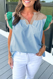 Pink Colorblock Ruffled Sleeve Frill V Neck Blouse