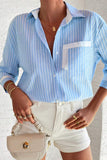 Sky Blue Stripe Contrast Patch Pocket Cuffed Sleeve Casual Shirt