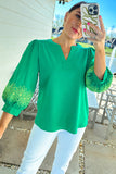 Green Contrast Floral Embroidered 3/4 Sleeve Notched V Neck Elegant Blouse