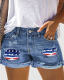 Independence Day Flag Print Ripped Raw Hem Denim Shorts