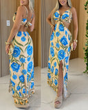 Floral Print V Neck Hollow out Spaghetti Strap Dress Elastic Waist Back Tied Detail Slit Maxi Dress