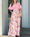 2 Pieces Outfit Plain V Neck Short Sleeve Ruched Top and Casual Floral Print Wide Leg Pants Set