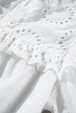 White Embroidered Lace Patchwork Tie Neck Puff Short Sleeve Blouse