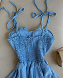 Plain Ruffles Shoulder Strap Square Neck Dress Romper Casual Shirred Waist Tied Detail Layered Short Jumpsuit