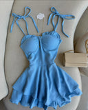 Plain Ruffles Shoulder Strap Square Neck Dress Romper Casual Shirred Waist Tied Detail Layered Short Jumpsuit