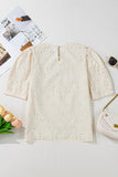 Beige Eyelet Embroidered Half Sleeve Casual Blouse