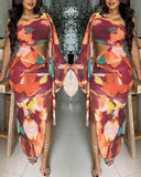 Tie Dye Print One Shoulder Bell Sleeve Bodycon Dress Casual Slim Fit Slit Maxi Dress