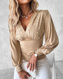 V Neck Long Sleeve Casual Pearls Dec Cinch Blouse