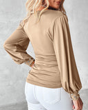 V Neck Long Sleeve Casual Pearls Dec Cinch Blouse