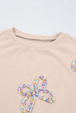 Parchment Embroidered Bow Lantern Sleeve Oversized Pullover Sweatshirt