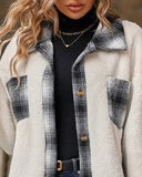 Plaid Print Pocket Design Long Sleeve Buttoned Teddy Coat Outfit