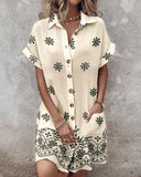 Turn down Collar Short Sleeve Dress Casual Button Dress with Pocket
