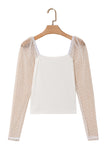 White Swiss Dot Mesh Long Sleeve Square Neck Slim Top