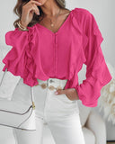 V Neck Shoulder Asymmetrical Ruffles Blouse Casual Button Front Long Sleeve Top