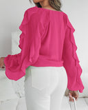 V Neck Shoulder Asymmetrical Ruffles Blouse Casual Button Front Long Sleeve Top