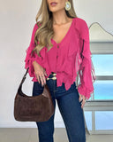 V Neck Shoulder Asymmetrical Ruffles Blouse Casual Button Front Long Sleeve Top