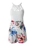 Hollow Out Tank Top & Floral Print Shorts Set With Belt