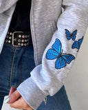 Butterfly Print Long Sleeve Hooded Drawstring Cardigan Casual Coat with Pocket