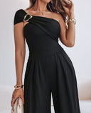 Cold Shoulder Ruched Buckle Wide Leg Jumpsuit