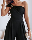 Cold Shoulder Ruched Buckle Wide Leg Jumpsuit