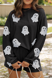 Carbon Grey Halloween Ghost Graphic Corded Pullover and Shorts Two Piece Set